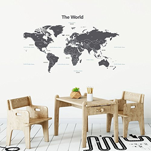 Decowall DWT-1609GS Modern Grey World Map Kids Wall Stickers Wall Decals Peel and Stick Removable Wall Stickers for Kids Nursery Bedroom Living Room (Medium)