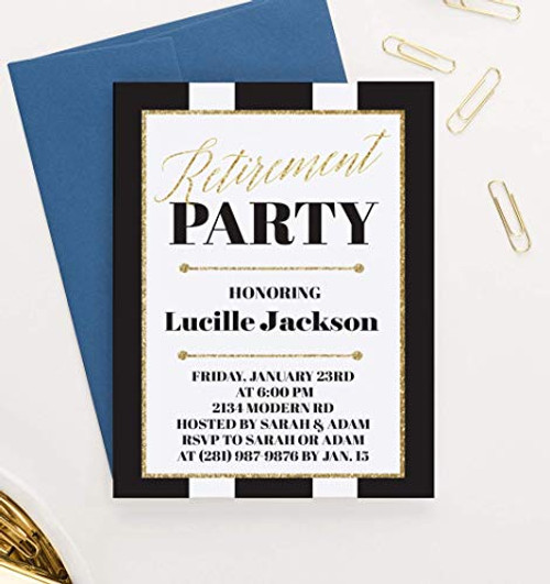 Elegant Retirement Party Invitation for Women or Men Black and Gold Retirement Invitations with Envelopes Your choice of Quantity and Envelope Color