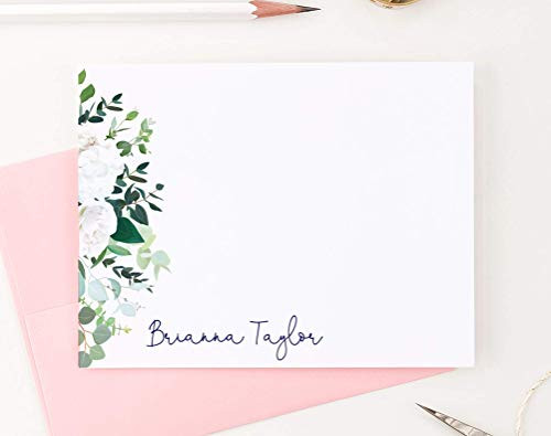 Personalized White Floral Note Cards Custom Floral Stationary Set FLAT Florals Note cards Your choice of Colors and Quantity