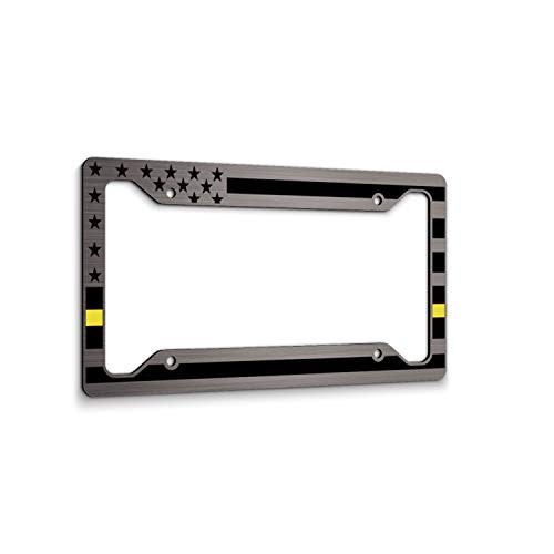 JASS GRAPHIX American Flag License Plate Frame - Thin Yellow Line- Car Tag Frame -Yellow On Brushed Dispatchers Security Loss Prevention Tow Truck Drivers