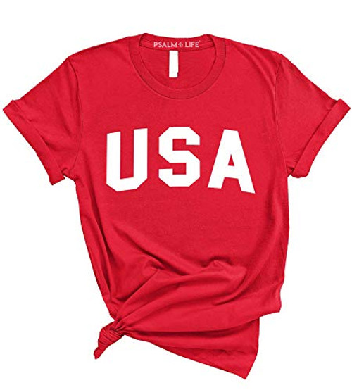 Psalm Life United States of America Patriotic T-Shirt - Cute Merica USA Tee  Small Red - White Ink