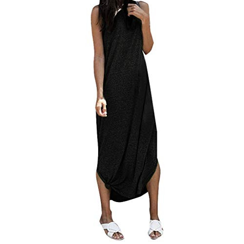 Womens Casual Split Maxi Dress Female Pluse Size Fashion O-Neck Sleeveless Solid Color Loose Long Dresses