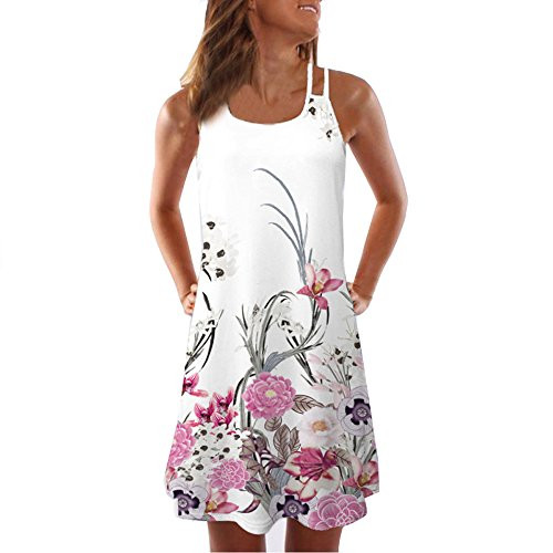 Women Vintage Boho Beach Dress Loose Summer Sleeveless 3D Floral Print Bohe Tank Mini Dress  S White Women Vintage Boho Beach Dress Loose Summer Sleeveless 3D Floral Print Bohe Tank Mini Dress  S White