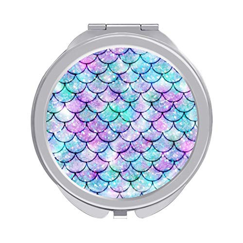 Alouply Women Girl Travel Makeup Mirror Scales of Mermaids Compact Double Sides 1X and 2X Magnification Portable Folding Mirror For Travel