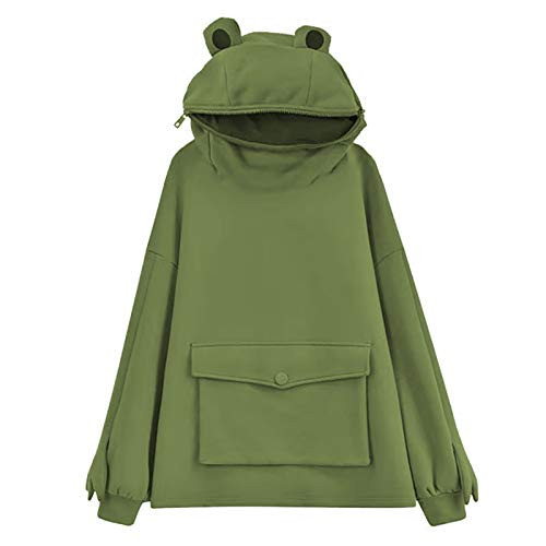Womens Cute Frog Hoodie Loose Pullover Zip up Hooded Top Sweatshirt with Large Front Pocket  L Mint Green