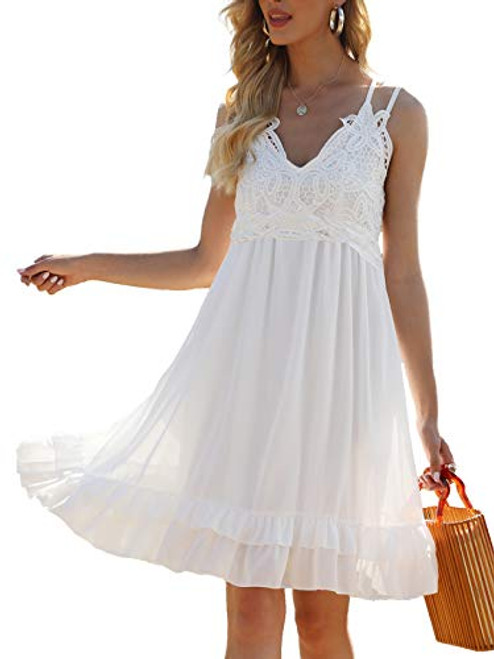 Womens Lace Straps Dresses V Neck Ruffle Dresses Cute Flowy Mini Casual Dresses with Pockets White Womens Lace Straps Dresses V Neck Ruffle Dresses Cute Flowy Mini Casual Dresses with Pockets White