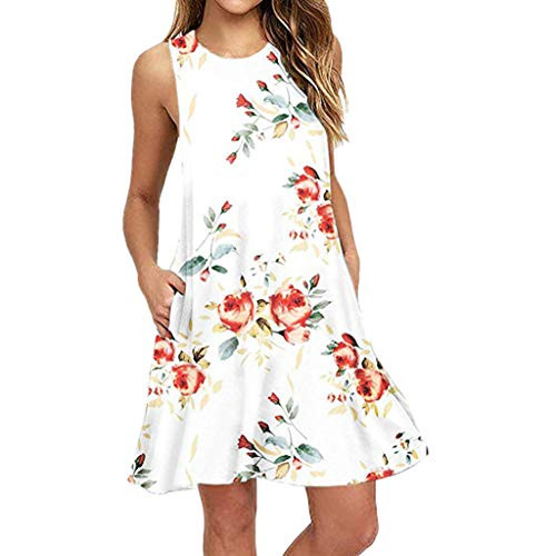 iTLOTL Women Summer Casual Dress with Pocket Sleeveless Printed Swing Mini Dress Sundress MediumWhite iTLOTL Women Summer Casual Dress with Pocket Sleeveless Printed Swing Mini Dress Sundress MediumWhite