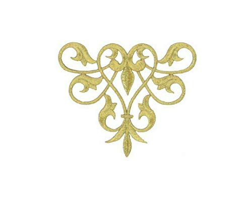Fleur De Lis Abstract Design - Embroidered Gold Iron On Applique Patch - B