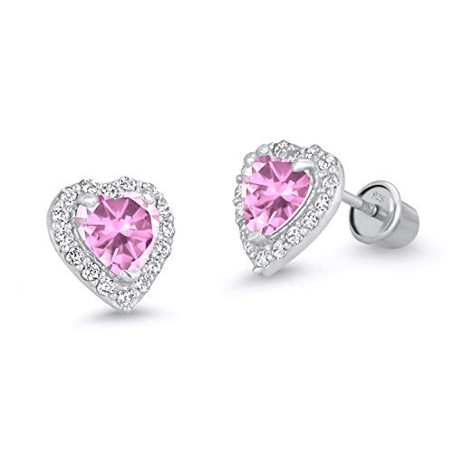 925 Sterling Silver Rhodium Plated Pink Heart Cubic Zirconia Screwback Baby Girls Earrings 925 Sterling Silver Rhodium Plated Pink Heart Cubic Zirconia Screwback Baby Girls Earrings