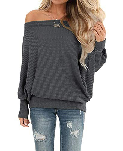 LACOZY Womens Off Shoulder Waffle Knit Sweaters Oversized Long Sleeve Shirts Tunic Tops Pullover Plus Size Deep Gray X-Large