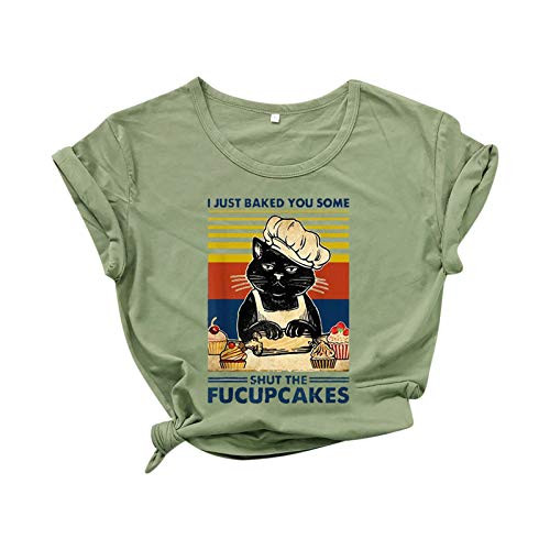 Short Sleeve Tops for Women Womens Cute Graphic T-Shirts Casual Loose Crewneck Tees Shirts Cat Print Blouse Tops Green