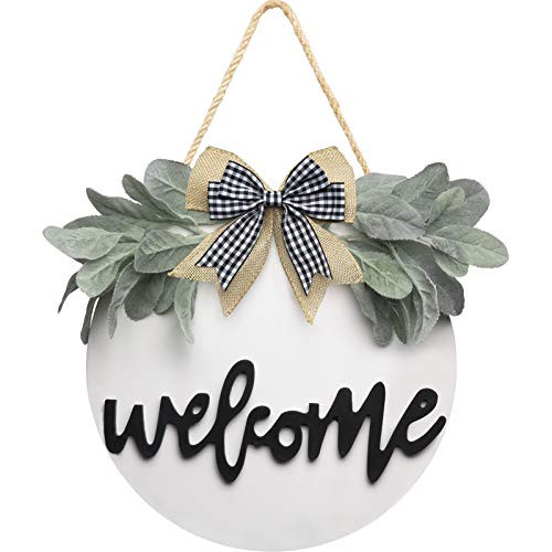 Welcome Wreath Sign for Farmhouse Front Porch Decor Rustic Door Hangers Front Door with Premium Greenery-Front Door Welcome Wreath Hanging Housewarming for Home Decoration?White?