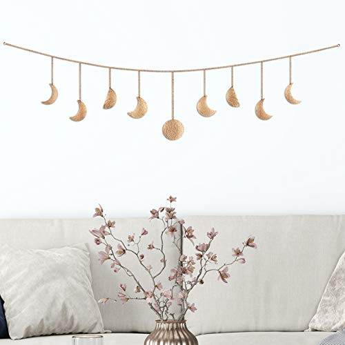 Moon and Gaia Moon Phase Wall Hanging Rose Gold - Unique Lightweight Moon Phase Garland - Handmade Hammered Metal Moon Cycle Banner - Premium Boho Wall Decor for Bedroom Dorm Living Room Nursery