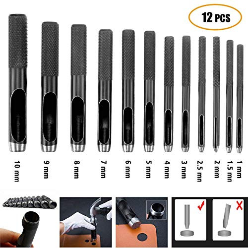 Round Hollow Punch Set 12Pcs Leather Craft Punch Tool Hollow Hole Punch Cutter Tool for Watch Bands Belts Canvas Paper Plastics(1mm to 10mm) (12)