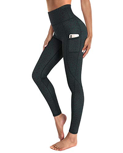 OUGES Womens High Waist Yoga Pants with Pockets Workout Running Leggings Dark Green LeopardS