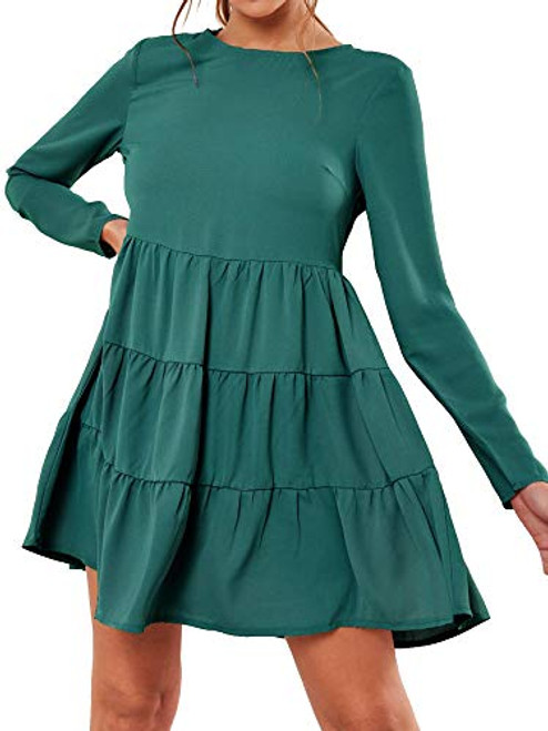 Eliacher Women Babydoll Dress Long Sleeves Green Mini Tiered Smock Dress Ruffles Loose Swing Tunic Shift Mini Dress  XL Long Sleeves Green Mini Tiered Smock Dress