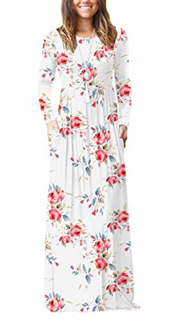 HAOMEILI Womens Casual Loose Pocket Long Dress Long Sleeve Floral Print Maxi Dresses XS Print White HAOMEILI Womens Casual Loose Pocket Long Dress Long Sleeve Floral Print Maxi Dresses XS Print White