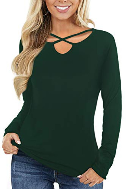 MIDOVAN Long Sleeve Shirts for Women - V Neck T Shirt Fall Winter Loose Casual Basic Tee Tops  B_Conifer Green XX-Large