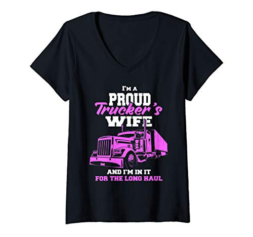 Womens Trucker T-shirt Im A Proud Trackers Wife. Truck Drivers Mum V-Neck T-Shirt