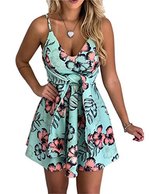 casuress Womens Dresses V Neck Mini Floral Spaghetti Strap Tie Knot Front Flowy Pleated Swing Dress  Large Type 4
