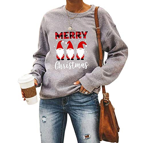 Merry Christmas Sweatshirt Women Gnomes Shirt Santa Claus Garden Gnome Merry Christmas Plaid T Shirt L Gray