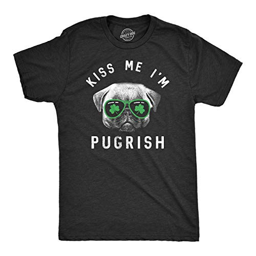 Mens Kiss Me Im Pugrish T Shirt Funny Saint Patricks Day Pug Irish Clover Tee  Heather Black  - 5XL