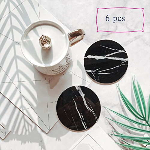 6x Marble Coaster For Drink Dining Table Coffee Table Stone Coasters Set Living Room Office (black)