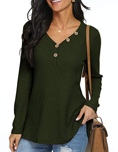 ANIXAY Womens Waffle Knit Blouses Button Up Casual Henley Tunic Tops Long Sleeve V Neck Loose Fitting Shirts Army Green-Large