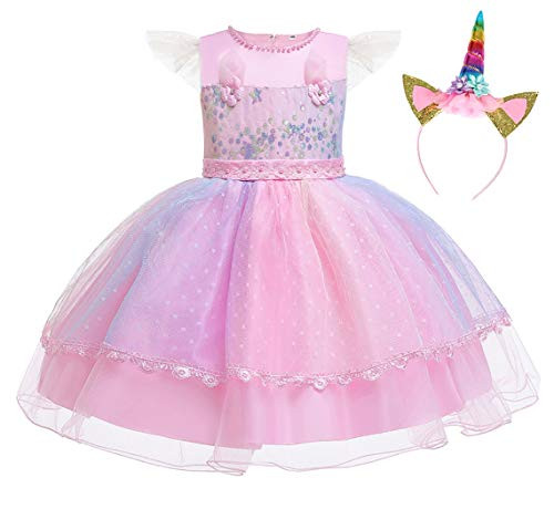 HenzWorld Little Girls Dresses Unicorn Costume Tutu Skirt Outfits Clothes Princess Birthday Party Halloween Cosplay Ears Headband Pink Baby Kids 100