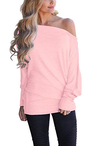 INFITTY Womens Off Shoulder Loose Pullover Sweater Batwing Sleeve Knit Jumper Oversized Tunics Top Pink X-Large