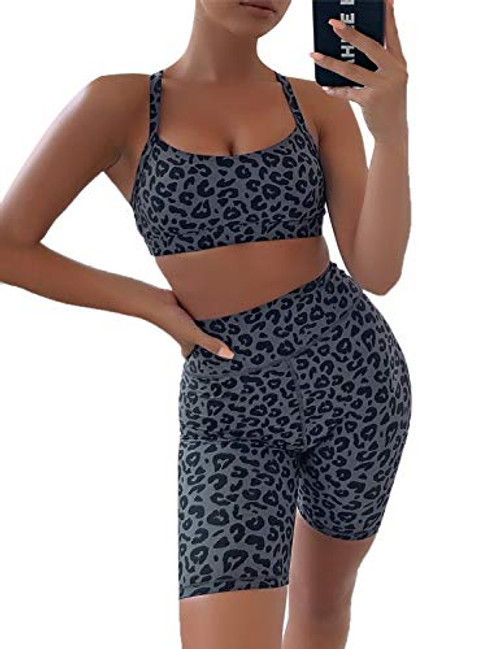 luvamia Womens Two Pieces Leopard Print Shorts Leggings Sports Bra Set Workout Yoga Outfit Set Gym Clothes Dark Size Small