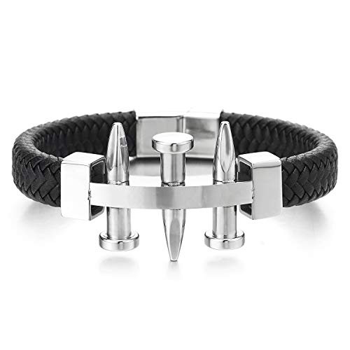 Mens Steel Nails Charm ID Identification Bracelet Black Braided Leather Bangle Magnetic Clasp