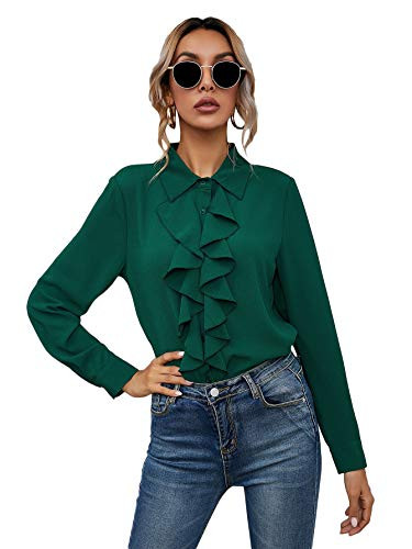MakeMeChic Womens Ruffle Trim Button Up Long Sleeve Blouse Top Green XL