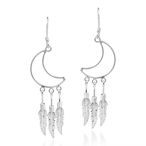 Crescent Moon Outline Chandelier Feathers .925 Sterling Silver Dangle Earrings
