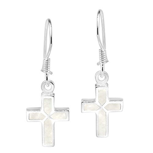 Mini Cross Inlaid White Mother of Pearl .925 Sterling Silver Dangle Earrings