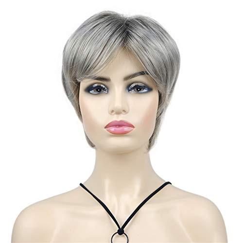 Wiginway Short Straight Full Synthetic Wigs Shaggy Hairstyle Layered Wigs with Bangs Natural Fashion Wigs Light Gray with Dark Roots