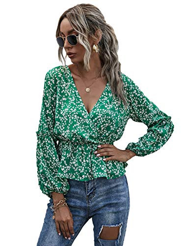 WDIRARA Womens Floral Print V Neck Bishop Sleeve Casual Peplum Blouse Top Green L