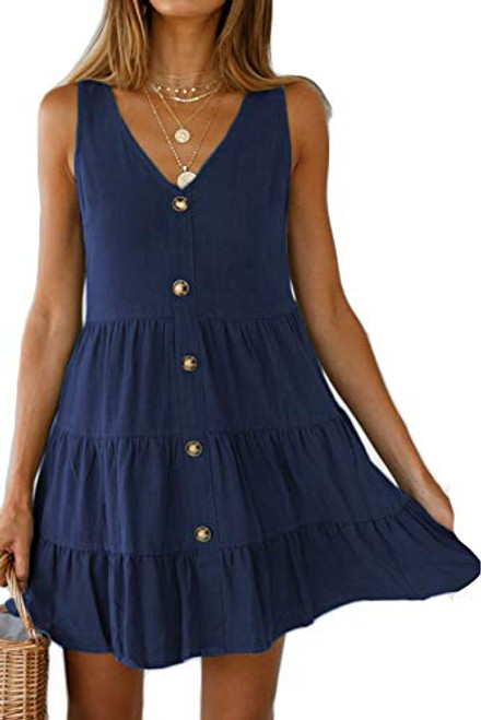 Halife Womens Button Front Dress Summer Sleeveless V-Neck Pleated Swing Dresses Dark Blue XL Halife Womens Button Front Dress Summer Sleeveless V-Neck Pleated Swing Dresses Dark Blue XL