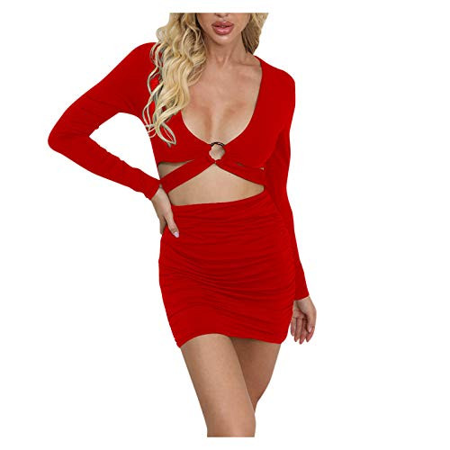 Kaideny Women V Neck Off The Shoulder Long Sleeve Metal Cutout Dress Casual Elegant Bodycon Mini Club Party Dress Red