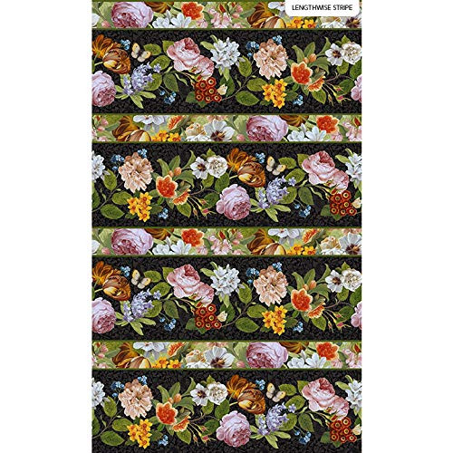 Northcott Covent Garden Black Floral Multi Colored Stripe Cotton Fabric DP23808-99