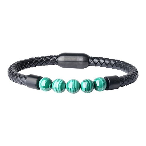COAI Mens Leather Bracelet Beaded Malachite Green Stone