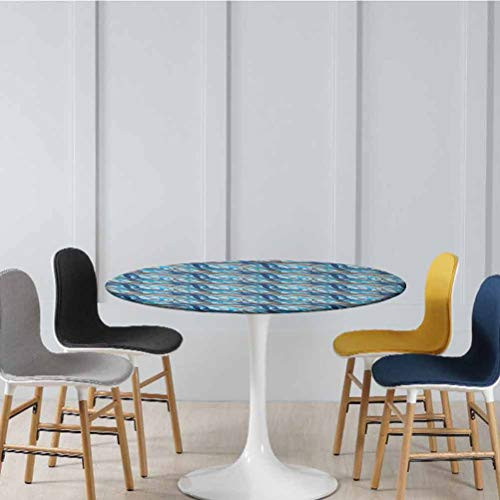 Round Elastic Table Cloth Surreal Expressionism Inspired Image Modern Art Stripes Swirls Waves Trippy Elastic Fitted Table Cover No Fabric Draping Down for Puppy to Grab Grey Blue Diameter - 39 Inch