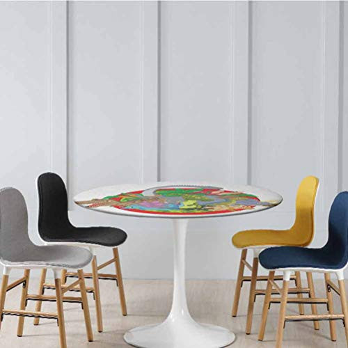 Table Cover Dinosaur Characters on Planet Globe Large Tropical Plants Leaves Landscape Print Waterproof Elastic Table Cloth No Fabric Draping Down for Puppy to Grab Multicolor Diameter - 39 Inch