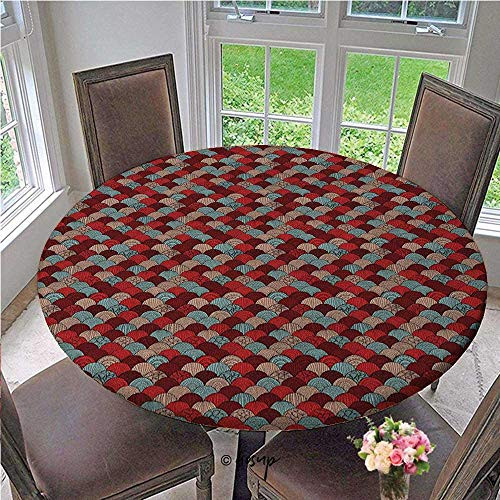 ThinkingPower Elasticized Tablecloth Ornamental Waves Scales Pattern with Hand Drawn Design Elements Art Illustration Table Cover No Fabric Draping Down for Puppy to Grab Diameter - 39 Inch
