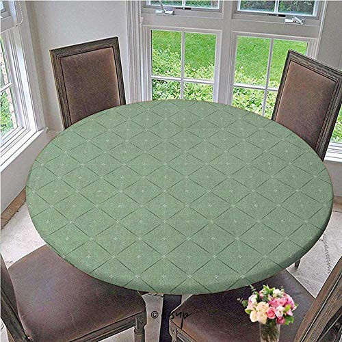 Tablecloths Rhombus and Squares Pattern with Stripes and Flowers Geometric Arrangement Elastic Dust-proof Table Cover No Fabric Draping Down for Puppy to Grab Pale Green White Diameter - 39 Inch