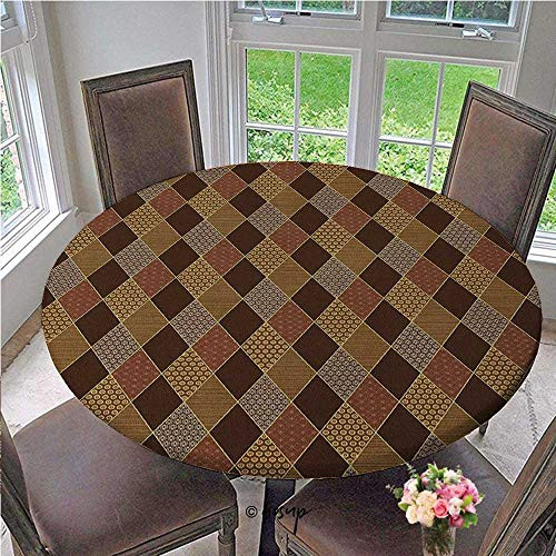 Elastic Tablecloth Lozenge Pattern in Patchwork Style Classical Old Fashioned Floral Elastic Edge Fitted Table Cloth No Fabric Draping Down for Puppy to Grab Pale Cinnamon Diameter - 39 Inch