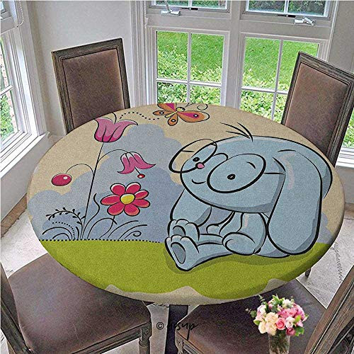 Elasticized Table Cover Cute Clever Rabbit Enjoying the Nature with Butterflies Tulips Daisies Art Print Elastic Edged Fitted Table Cover No Fabric Draping Down for Puppy to Grab Diameter - 39 Inch