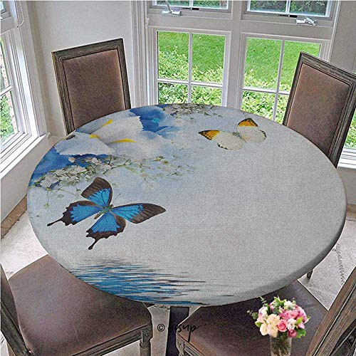 Table Covers Blue and White Wild Flowers with Monarch Butterflies Lily Therapy Zen Spa Art Prints Elastic Edge Fitted Table Cloth No Fabric Draping Down for Puppy to Grab Pale Blue Diameter - 39 Inch