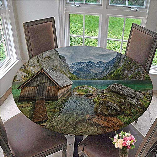 Round Elastic Table Cloth Dock on the Lake with Small Shed Alpine Mountains Germany European Nature Photo Elastic Edged Print Table Pad No Fabric Draping Down for Puppy to Grab Diameter - 39 Inch