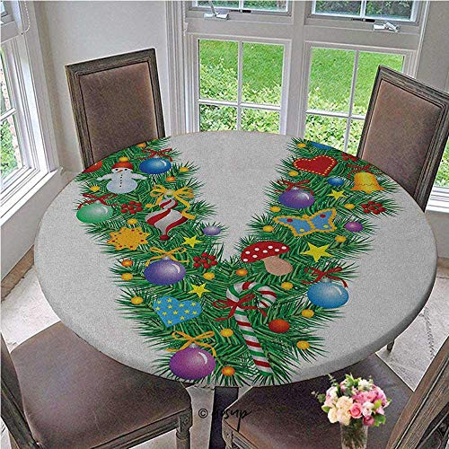 Fitted tablecloths Ornament Christmas Tree Design Capitalized V Festive Elements Bells Candies Print Elastic Edge Fitted Table Cloth No Fabric Draping Down for Puppy to Grab Diameter - 39 Inch